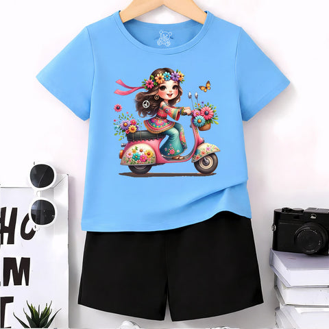 Groovy Hippie Girl on Floral Scooter Graphic Kids T-Shirt and Shorts Set