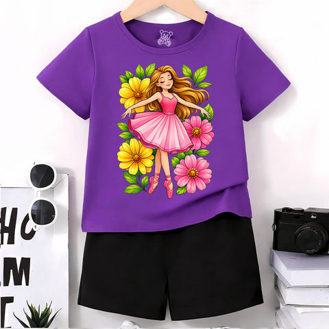 Charming Floral Ballerina Graphic Purple T-Shirt and Shorts Set for Kids