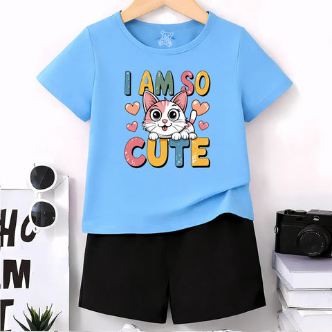 Adorable "I Am So Cute" Pink Cat Graphic T-Shirt and Shorts Set for Kids