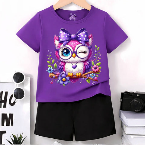 Girls Purple Owl Print Summer T-Shirt & Shorts Set – Cute Kids Casual Outfit for Everyday Comfort & Play