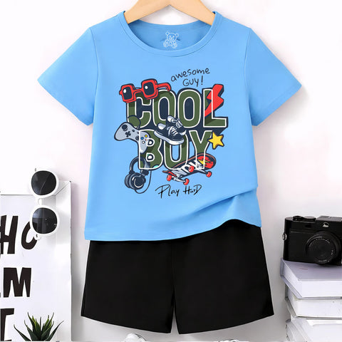 Boys Blue “Cool Boy” Graphic T-Shirt & Shorts Set – Trendy Kids Summer Outfit for Casual Wear & Playtime