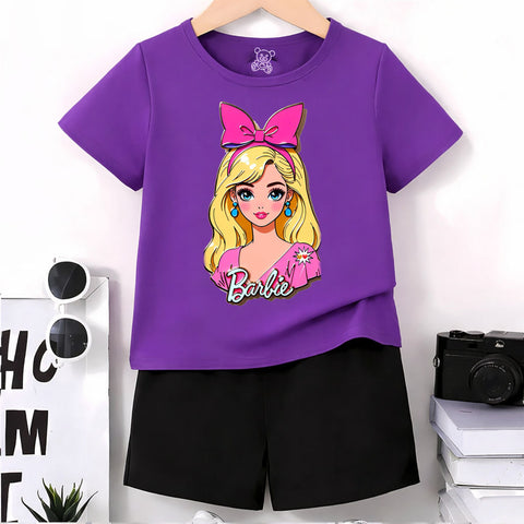 Girls Summer Purple T-Shirt & Shorts Set with Barbie Print – Cute Kids Outfit for Casual Wear & Playtime