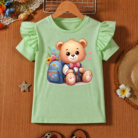 Girls' Mint Green Flutter Sleeve Teddy Bear with Backpack Graphic T-Shirt