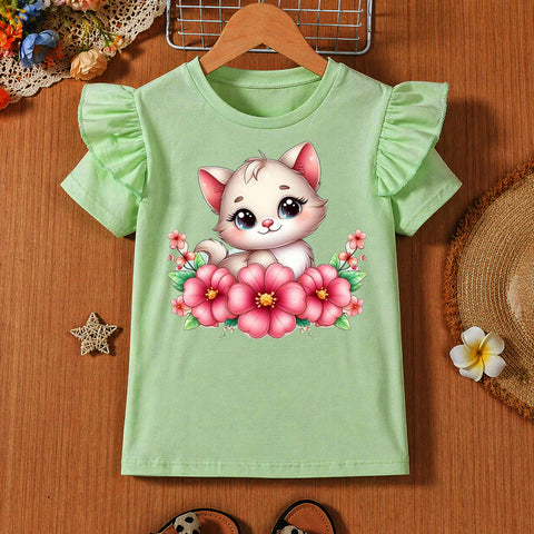 Girls' Mint Green Flutter Sleeve Floral Kitten Graphic T-Shirt