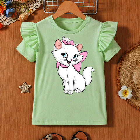 Girls' Mint Green Flutter Sleeve Marie Cat Graphic T-Shirt