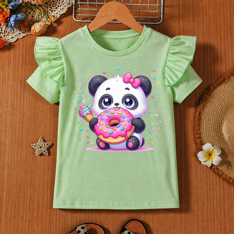 Girls' Mint Green Flutter Sleeve Panda with Donut Graphic T-Shirt