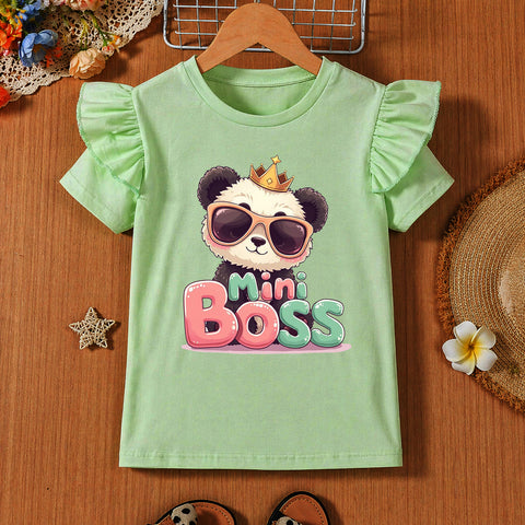 Girls' Mint Green Flutter Sleeve Mini Boss Panda T-Shirt