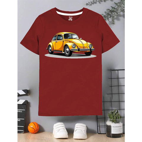 Maroon Kids T-Shirt with Yellow Vintage Car Print – Cool & Trendy