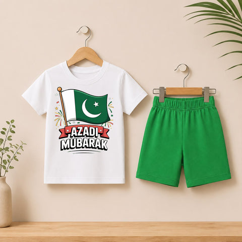 Azadi Mubarak Pakistan Independence Day 14 August Kids Clothing Set – White Tee & Green Shorts