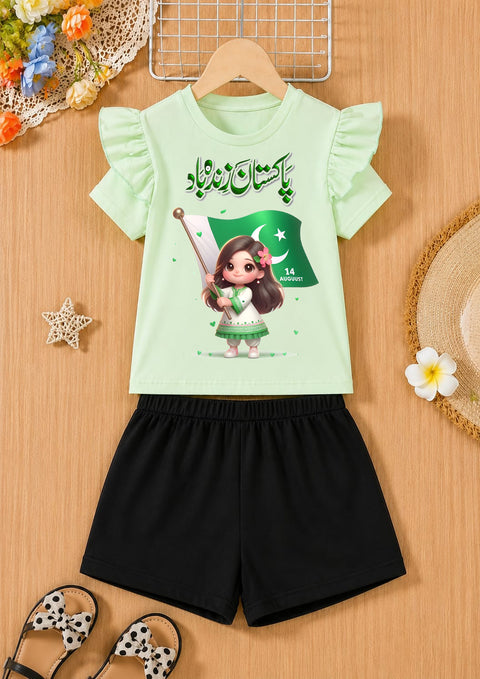 Pakistan Zindabad Girls 14 August Pakistan Independence Day Ruffle Sleeve T-Shirt & Black Shorts Set
