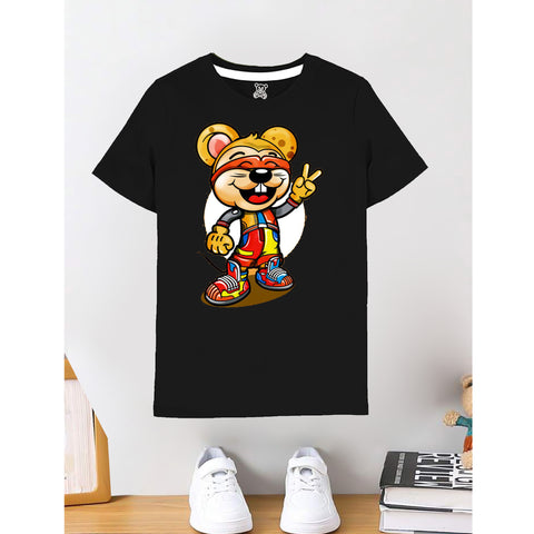 Kids Black Cartoon Bear Graphic T-Shirt