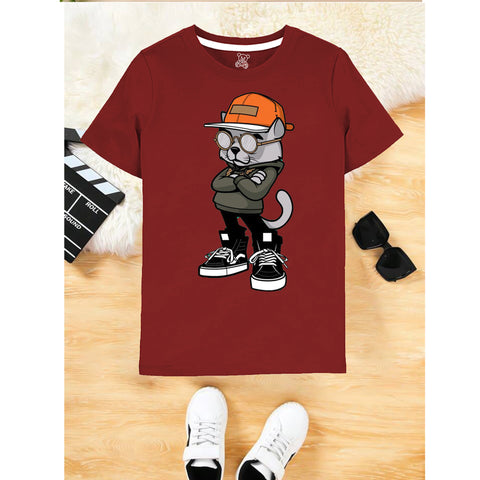 Maroon Cool Cat Streetwear Graphic T-Shirt