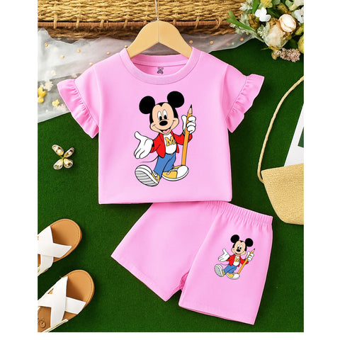 Pink Mickey Mouse Pencil Print Ruffle Sleeve Shorts Set