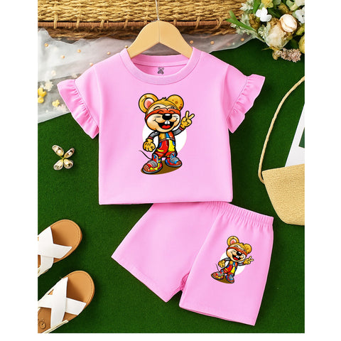 Pink Cool Bear Peace Sign Ruffle Sleeve Shorts Set
