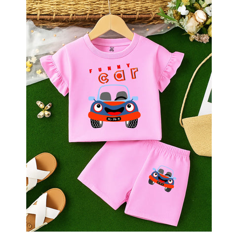 Pink Funny Car Ruffle Sleeve Shorts Set
