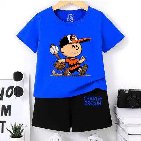 Blue Charlie Brown Baseball Shorts Set