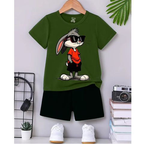 Cool Bunny Kids Summer Outfit – Green Cartoon T-Shirt & Black Shorts Set