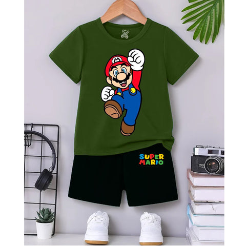 Super Mario Kids Outfit – Green Cartoon T-Shirt & Black Shorts Set