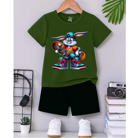 Cool Skateboard Bunny Kids Outfit – Green T-Shirt & Black Shorts Set