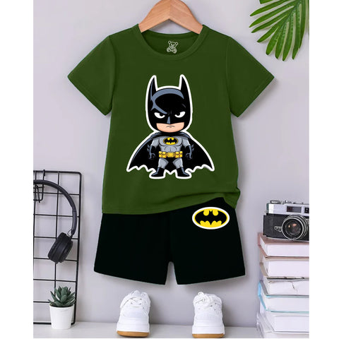 Batman Kids Outfit – Green Cartoon T-Shirt & Black Shorts Set