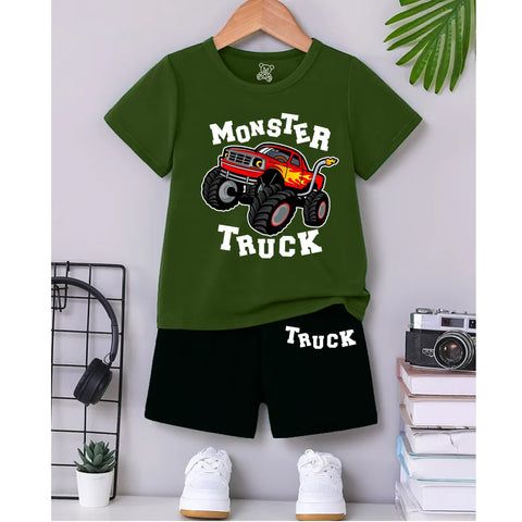 Monster Truck Kids Outfit – Green T-Shirt & Black Shorts Set