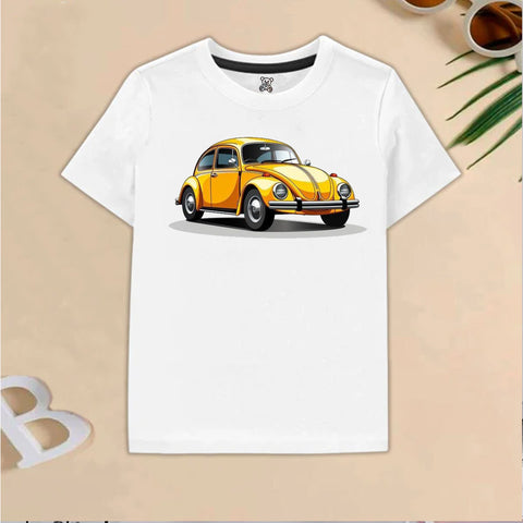 White Vintage Yellow Car Print Kids T-Shirt – Retro & Stylish Design