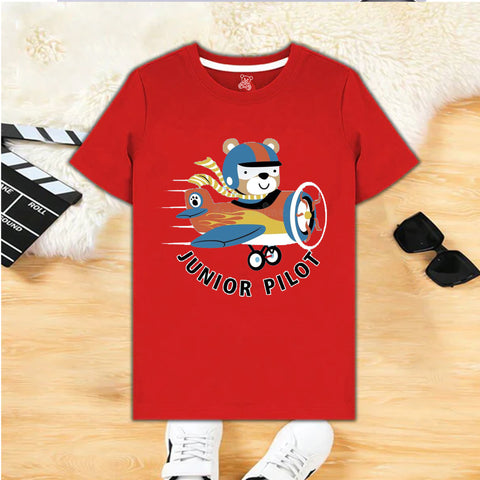 Junior Pilot Kids T-Shirt – Cute Bear Airplane Graphic Tee in Red