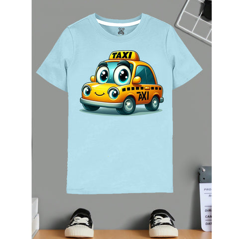 Boys Light Blue Cartoon Taxi Print T-Shirt – Fun Car Graphic Tee