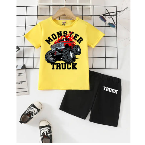 Boys Monster Truck Summer Outfit – Yellow T-Shirt & Black Shorts Set
