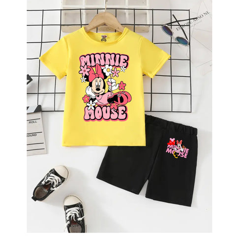 Kids Minnie Mouse Summer Outfit – Yellow T-Shirt & Black Shorts Set