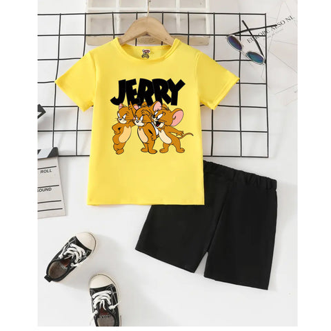 Kids Yellow Cartoon Jerry T-Shirt with Black Shorts – Summer Casual Outfit Set