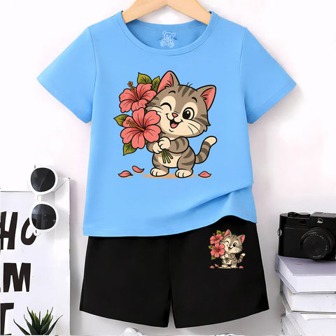 Cute Tabby Cat with Hibiscus Flowers Graphic Kids' T-Shirt and Shorts Set