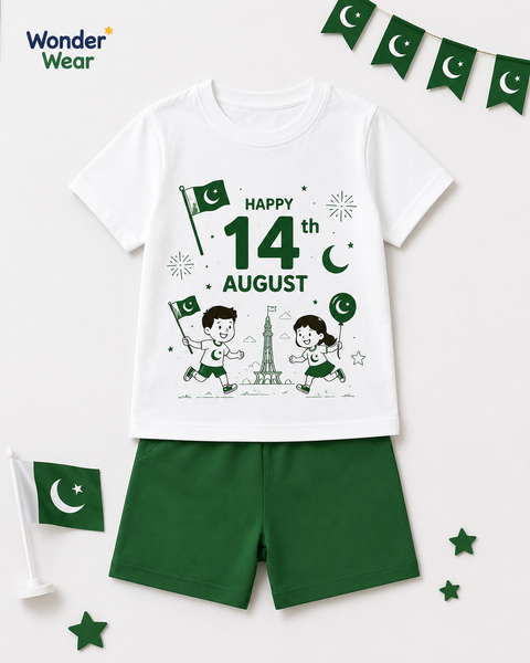 Wonder Wear Kids Happy 14 August Pakistan Independence Day T-Shirt & Green Shorts Set | Premium Cotton Summer Outfit