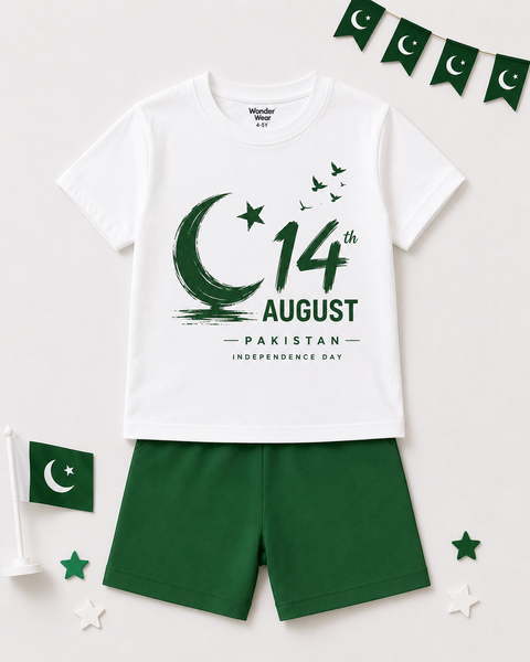 Wonder Wear Kids Moon 14 August Pakistan Independence Day Cotton T-Shirt & Green Shorts Set | Premium Summer Outfit