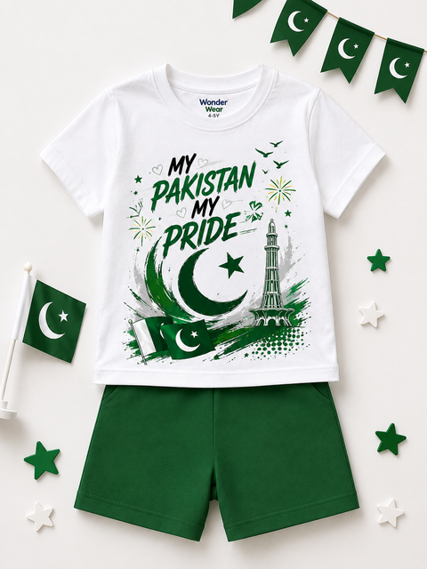 Wonder Wear Kids "My Pakistan My Pride" Independence Day T-Shirt & Green Shorts Set | Premium Cotton 14 August Outfit