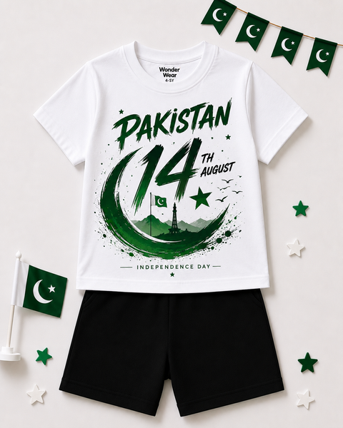 Wonder Wear Kids Pakistan 14 August Independence Day T-Shirt & Black Shorts Set | Premium Cotton Summer Outfit