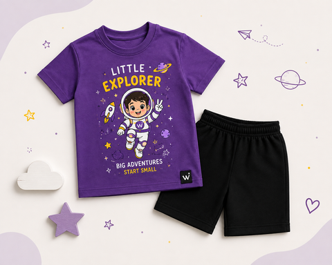 Little Explorer Purple Graphic and Black Shorts Set