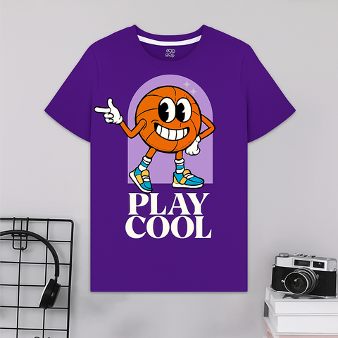 Kids Purple “Play Cool” Basketball Character T-Shirt – Sporty Cartoon Design