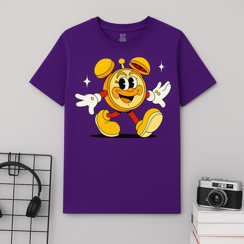 Kids Purple Cartoon Alarm Clock T-Shirt – Fun & Playful Design