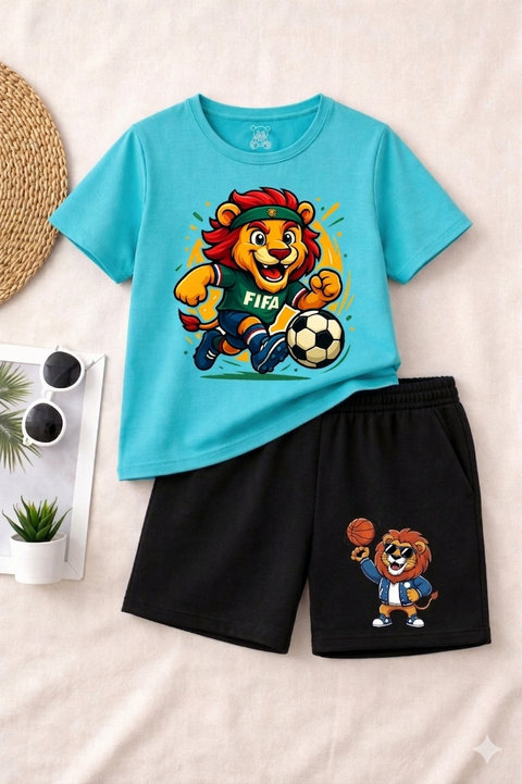 Boys' Light Blue Lion Soccer Graphic T-Shirt and Black Shorts Set