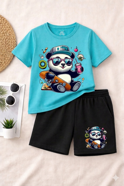 Boys' Light Blue Skater Panda Graphic T-Shirt and Black Shorts Set