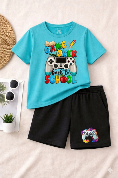 Boys' Light Blue Game Over Back to School T-Shirt and Black Shorts Set