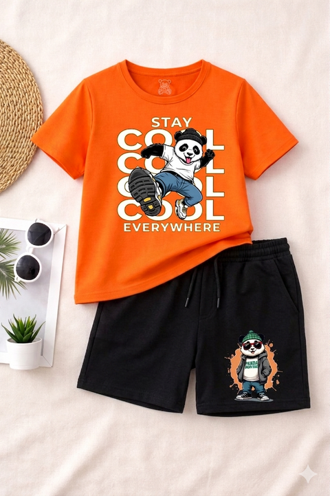 Boys' Orange Panda Graphic T-Shirt and Black Shorts Set