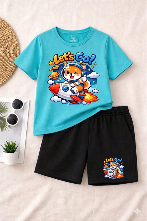 Boys' Light Blue Astronaut Dog Space T-Shirt and Black Shorts Set