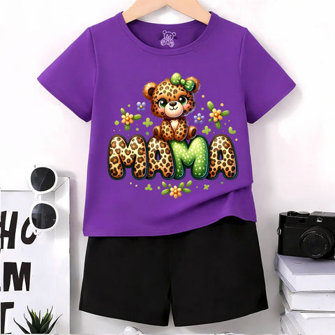 Girls Purple T-Shirt with Cute Cheetah Bear & "MAMA" Graphic and Plain Black Shorts Set