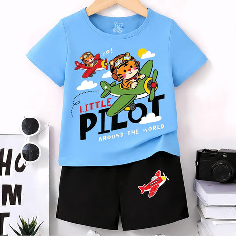 "Little Pilot" Boys T-Shirt & Shorts Set - Fun Aviator Tiger Graphic