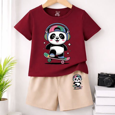 Kids Maroon T-Shirt with Skateboarder Panda Graphic and Beige Shorts Set
