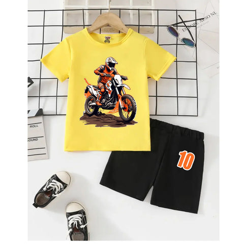 Boys Yellow T-Shirt with Motocross Dirt Bike Graphic & Black Shorts with Number 10