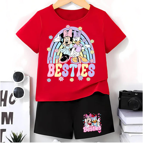 Girls Red Minnie Mouse & Daisy Duck "Besties" Rainbow T-Shirt and Black Shorts Set