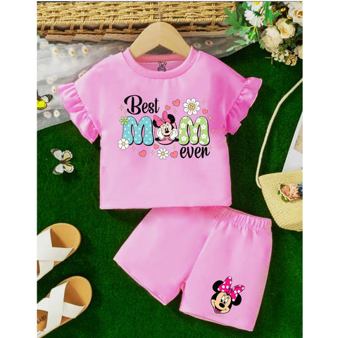 Girls Pink Ruffled T-Shirt with Minnie Mouse "Best Mom Ever" Graphic and Matching Shorts Set